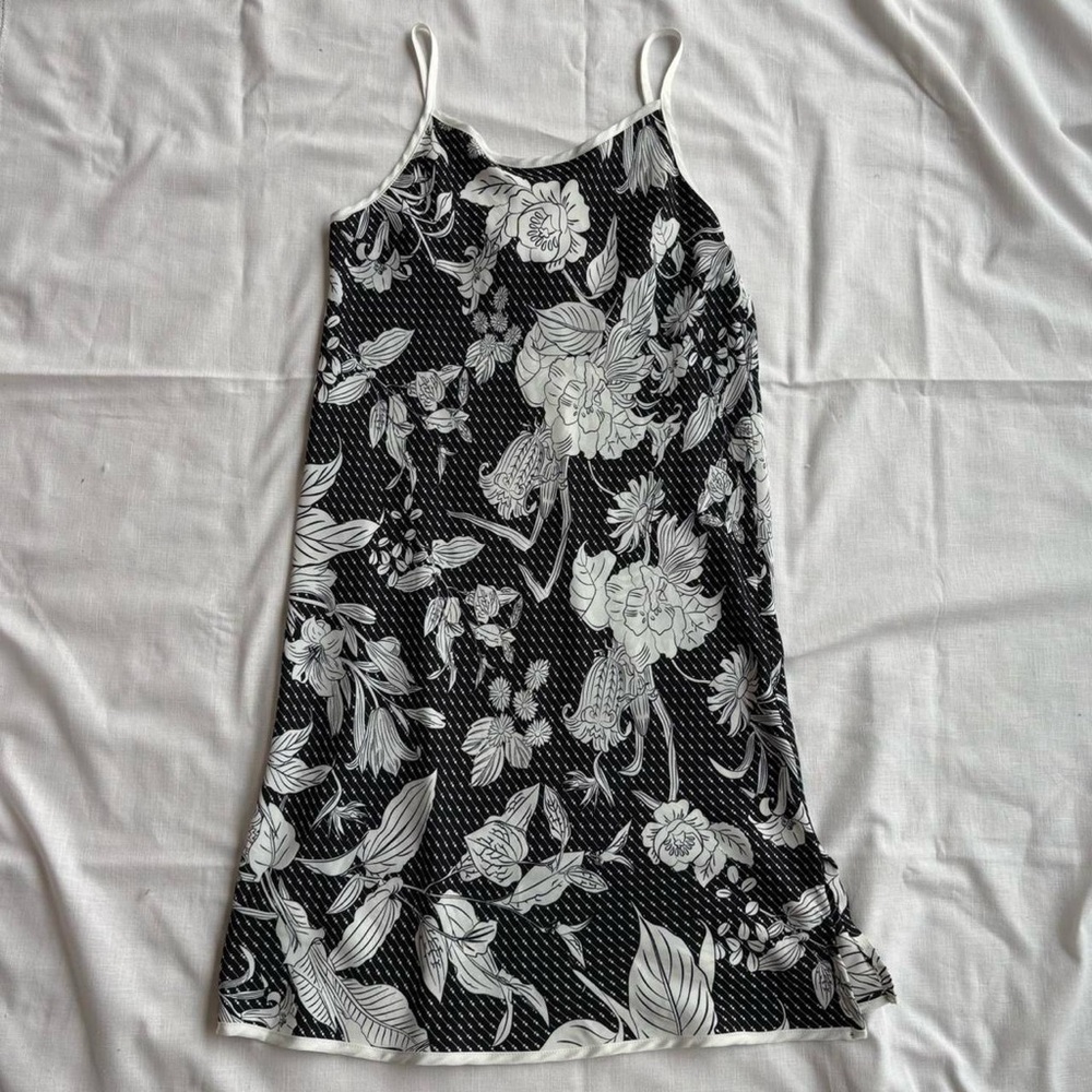 Vintage Diamond Tea Black & White Floral Print Slip Dress Size M